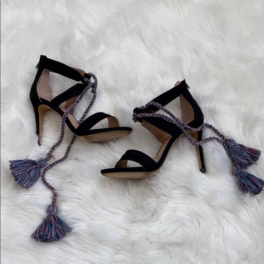 Black high heel sandals with tassels